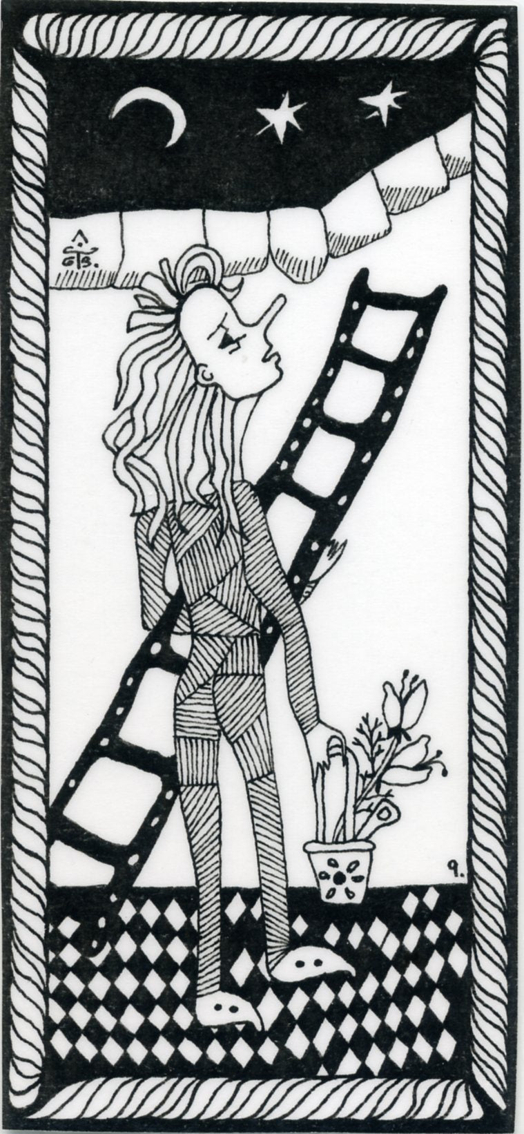 Woman with ladder and plant